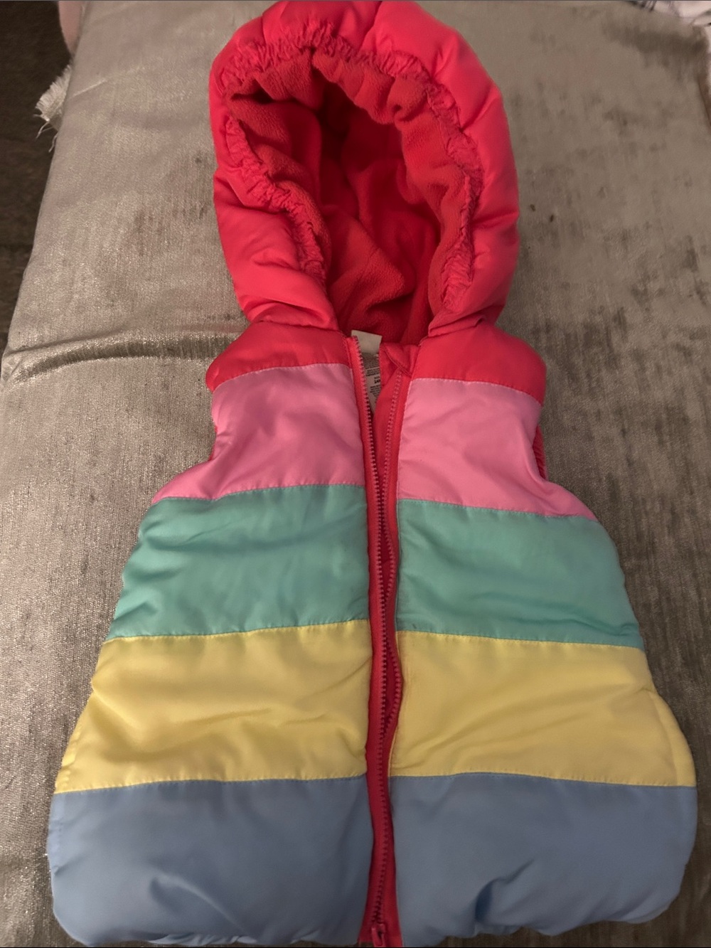 Little Me Pink Hooded Multicolor Stripe Puffer Vest